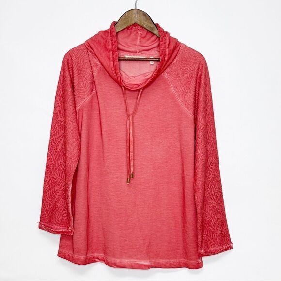 Soft Surroundings Cowl Neck Lace Sleeve Sweatshirt Coral Size - Picture 1 of 12